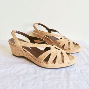 1940's Style Size 9.5 Cork Leather Strappy Flat Wedge Sandal Shoes Retro 40's Spring Summer Sandals WW2 Era  Made in Spain Donald Pliner 
