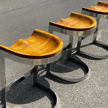 Mid-Century Warren Bacon Chrome and Oak Counter Stools – Set of 3 