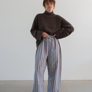Vintage 26-38 Waist Stripe Flannel Drawstring Easy Pant | Blue Red White High Waist Holiday Cotton Pajama Pants | FL054 
