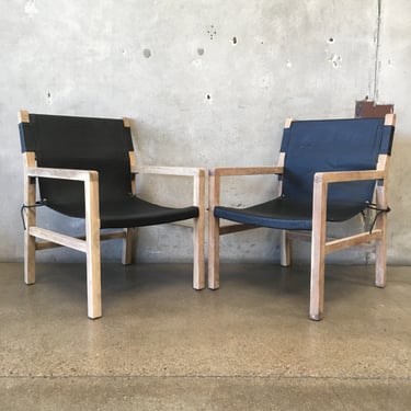 Modern Pair of Black Leather Sling Chairs