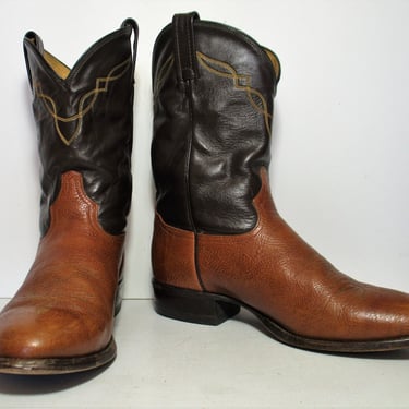 Vintage Tony Lama Two Tone Roper Cowboy Boots, size 10 1/2 EE Men, brown leather, black shaft 