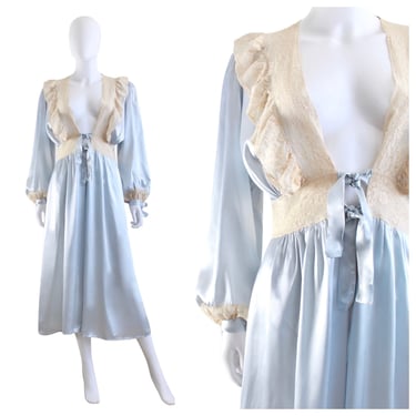 GORGEOUS 1940s Pale Blue Charmeuse & Ivory Lace Trousseau Dressing Robe - 40s Wedding Trousseau - 40s Pale Blue Dressing Robe | Size Small 