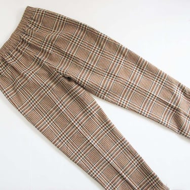 Vintage 70s Plaid Pants M L 27 32 - Brown Houndstooth Pants - Elastic Waist Wool Blend Trousers - High Waist Straight Leg Pants 