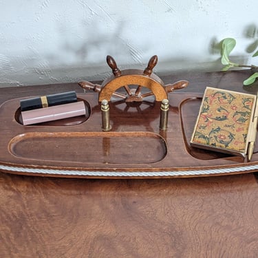 Vintage Wooden Nautical Ship Wheel Dresser Organizer Valet Caddy 