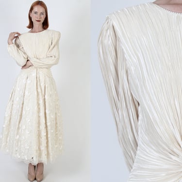 George F Couture Designer Dress Vintage 80s Accordion Pleated Wedding Gown Full Applique Embroidered Prom Gown 12 