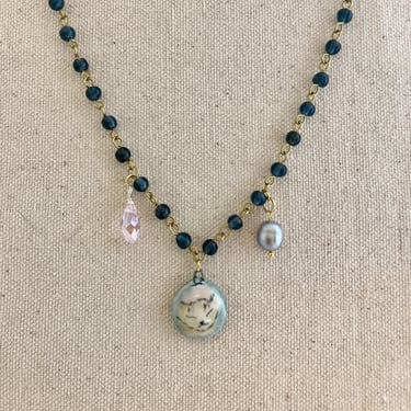 One-of-a-Kind Charms on Sapphire Blue Necklace | Porcelain Cat charm and Freshwater Pearl | Hand-painted Porcelain Pendant Jewelry | 