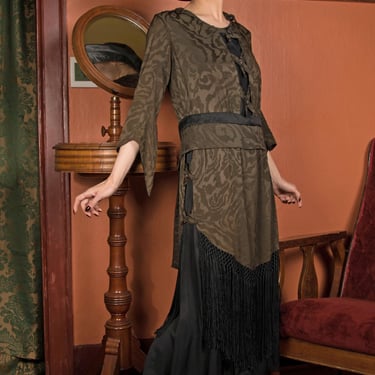 Antique Edwardian Dress - Lustrous Late 1910s Dress of Brocaded Silk Satin with Silk Fringed Skirt and Incredible Sleeves 