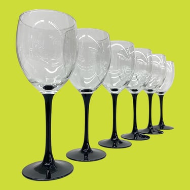 Vintage Luminarc Wine Glasses Retro 1980s Contemporary + Black Stems + Clear Tops + Set of 6 + Barware + Drinking Alcohol + Made in France 