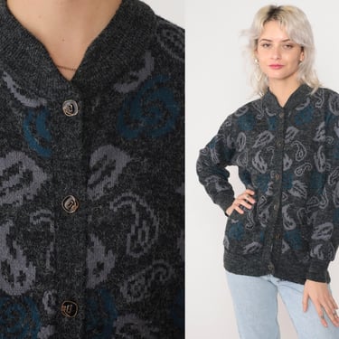 Grey Paisley Cardigan 90s Button up Knit Sweater Floral Rose Leaf Print Hippie Retro Blue Grunge Slouchy Boho Wool Blend Vintage 1990s Small 