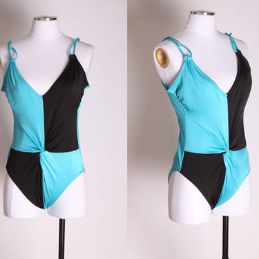 1970s Bright Blue and Black Color Block One Piece Swimsuit by Sirena 