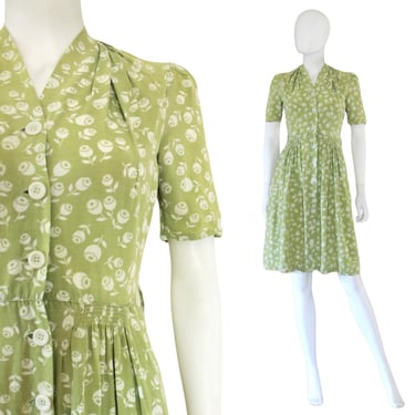 1940s Pistachio Green Poppy Pod Print Dress - 1940s Novelty Print Dress - 1940s Spring Green Dress - 1940s Floral Day Dress | Size Small 