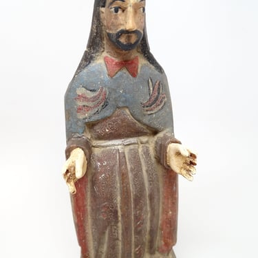 1800's Antique Jesus Polychrome Religious Statue, Santos Hand Carved, Hand Painted for Christmas Putz or Nativity 