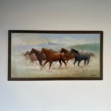 70's Vintage M. Taylor Abstract Horse Landscape Oil Painting 