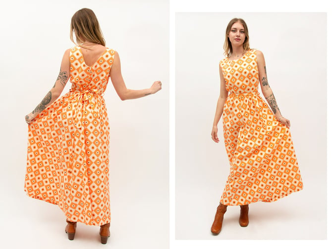 Vintage 1970s 70s Bright Orange Daisy Polka Dot Print Quality Cotton Full Length Maxi Dress Gown with Waist Belt 