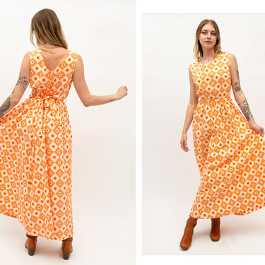 Vintage 1970s 70s Bright Orange Daisy Polka Dot Print Quality Cotton Full Length Maxi Dress Gown with Waist Belt 