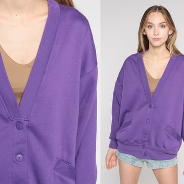 Purple Cardigan Sweatshirt 80s 90s Button Up Sweatshirt Slouchy Plain Retro Solid Basic Sporty Sweater Streetwear Vintage Medium M 