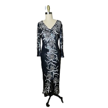 Vintage 80's Klass Collections Long Black White Beaded Maxi Evening Gown Dress Size 8 