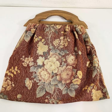 Vintage Slouchy Fabric Purse Sewing Bag Handbag Purse Wood Handles Brown Tan Beige Floral Rose 1970s 1960s 