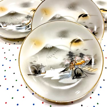 VINTAGE: 4pcs - Hand Painted Mt Fuji Plates - Saucer - Asian Tableware 