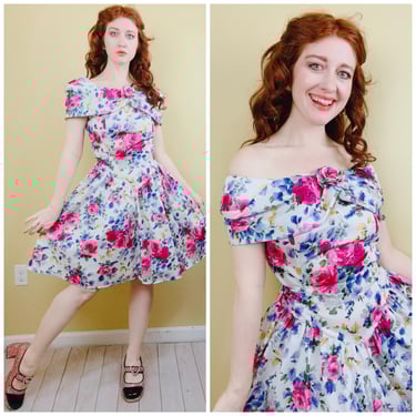 1980s Vintage By Choice Floral Print Mini Dress / 80s / Eighties Pink Rosette Off-Shoulder Fit and Flare Acetate Dress / Medium 