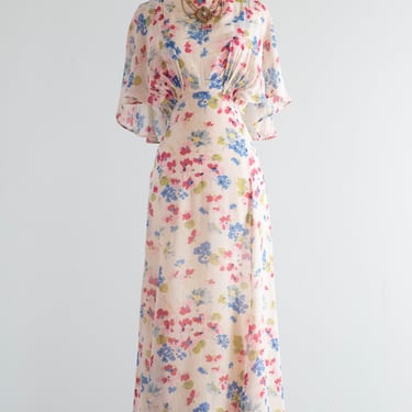 Dreamy 1930's Ivory Silk Chiffon Floral Print Afternoon Dress With Cape Sleeves / ML