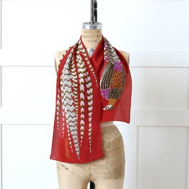 vintage 1970s bird silk scarf • designer Bill Haire long silk scarf with pheasant feather print 
