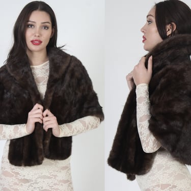 Natural Mahogany Mink Bolero, Dark Brown Genuine Real Fur Collar Stole, Vintage 60s Wedding Bridal Shrug With Pockets 