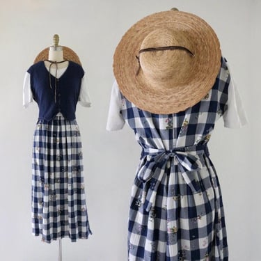 tie back gingham dress - 12 - vintage 90s y2k blue white plaid check size large short sleeve maxi cottage cottagecore floral 