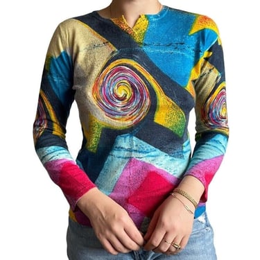 Vintage 90s Y2k Womens 100% Tropical Cashmere Geometric Rainbow Sweater Sz M 