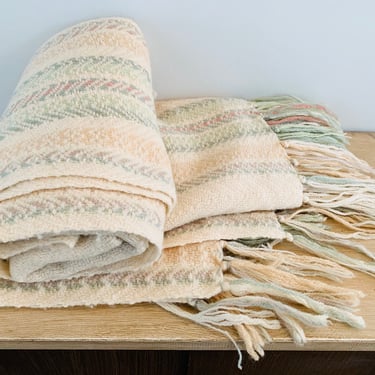 Vintage 100% Virgin Wool Cream Color Blanket by The Three Weavers Houston, Texas 