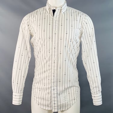 THOM BROWNE Size S White Navy Nautical Pinstripe Cotton One Pocket Long Sleeve Shirt