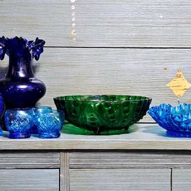 Modern Boho Blue Teal Glass Vase Bottle Set Decor Glassware 