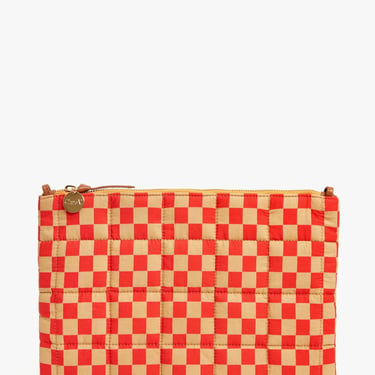 Flat Clutch with Tabs - Poppy & Khaki Quilted Checker