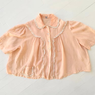 1950s Pink Rayon + White Lace Bed Jacket 