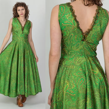 60s Green Paisley Metallic Chiffon Party Dress - Medium | Vintage Psychedelic Fit & Flare Sleeveless Maxi Gown 
