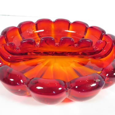 Vintage Red Glass Ashtray - Vintage Red Glass Round Ashtray 