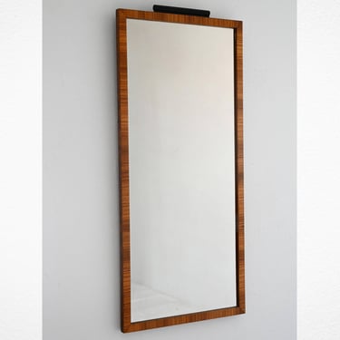 Scandinavian Art Deco Burl Birch Wall Mirror, 1940s-50s Vintage with Black Cylindrical Detail 