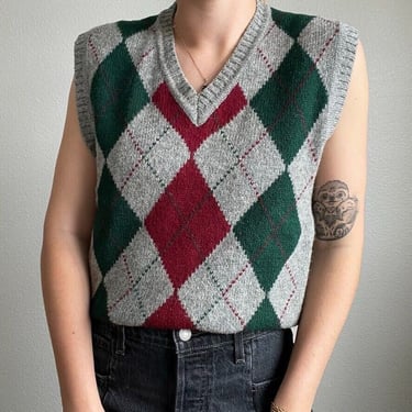 Vintage 90s Claybrooke Wool Red Green Argyle Preppy Christmas Sweater Vest Sz L 