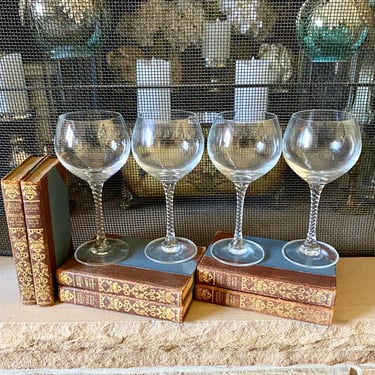 Set of 4 Studio Nova Wine Glasses Venice Austria~  8” Vintage twisted stems, balloon bowls, Crystal Stemware modern Tall Pedestals 