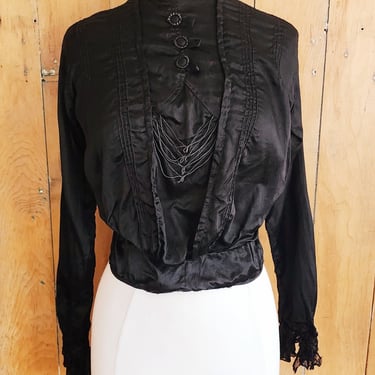 Edwardian Black Blouse Long Sleeve Embroidered Small 