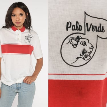 Palo Verde Cougars Shirt 90s Striped Polo Collared Las Vegas High School Shirt Short Sleeve Retro White Red Vintage 1990s Medium Large 