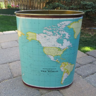 Mid Century Map of the World Metal Trash - Rand McNally Map Trash Can - Metal Trash Bin 