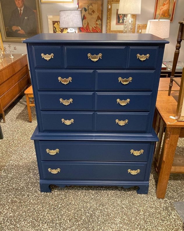 Navy blue painted high chest of drawers 40” x 19.25” x 52”