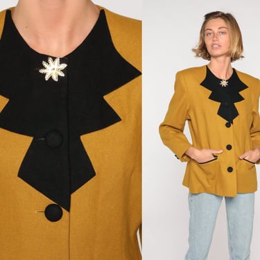 Mustard Wool Blazer Jacket 90s Yellow Jacket Three Button Up 1990s Vintage Structured Work Jacket Color Block Medium 