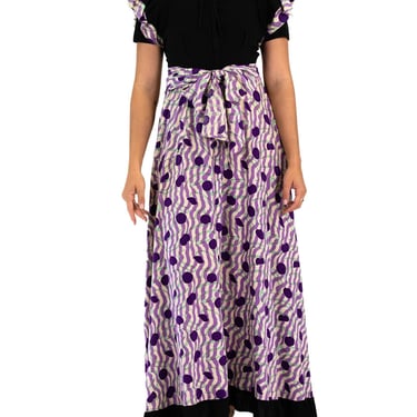 1930S Black  Purple Cotton Ruffle Sleeved “Breakfast Formals” House Dress 