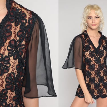 60s Lace Blouse Black Brown Chiffon Flutter Sleeve Mod Floral Shirt Boho Top Party Romantic Formal Top Retro Bohemian 1960s Vintage Medium 