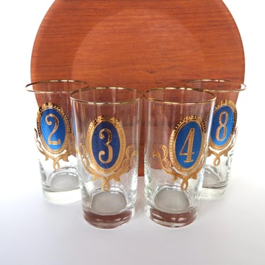 One Vintage Libbey Numero Highball Replacement Glass, Blue and Gold Numbered Glass Crown Barware 