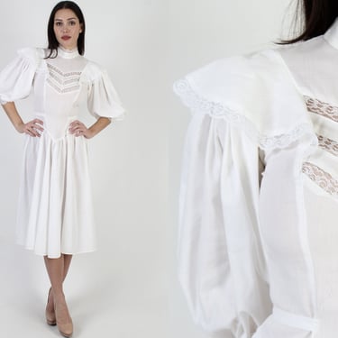 80s Edwardian Country Dress , Plain Pilgrim Wedding Gown, White Thin Cotton Full Skirt Mini 