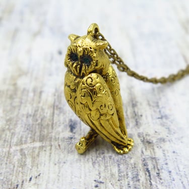 Owl Pendant Necklace, Vintage Locket, Emerald Green, Long Necklace, Bird Jewelry 