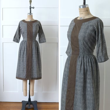 vintage 1950s cute cotton dress • mocha brown & white glen plaid tailored day dress 